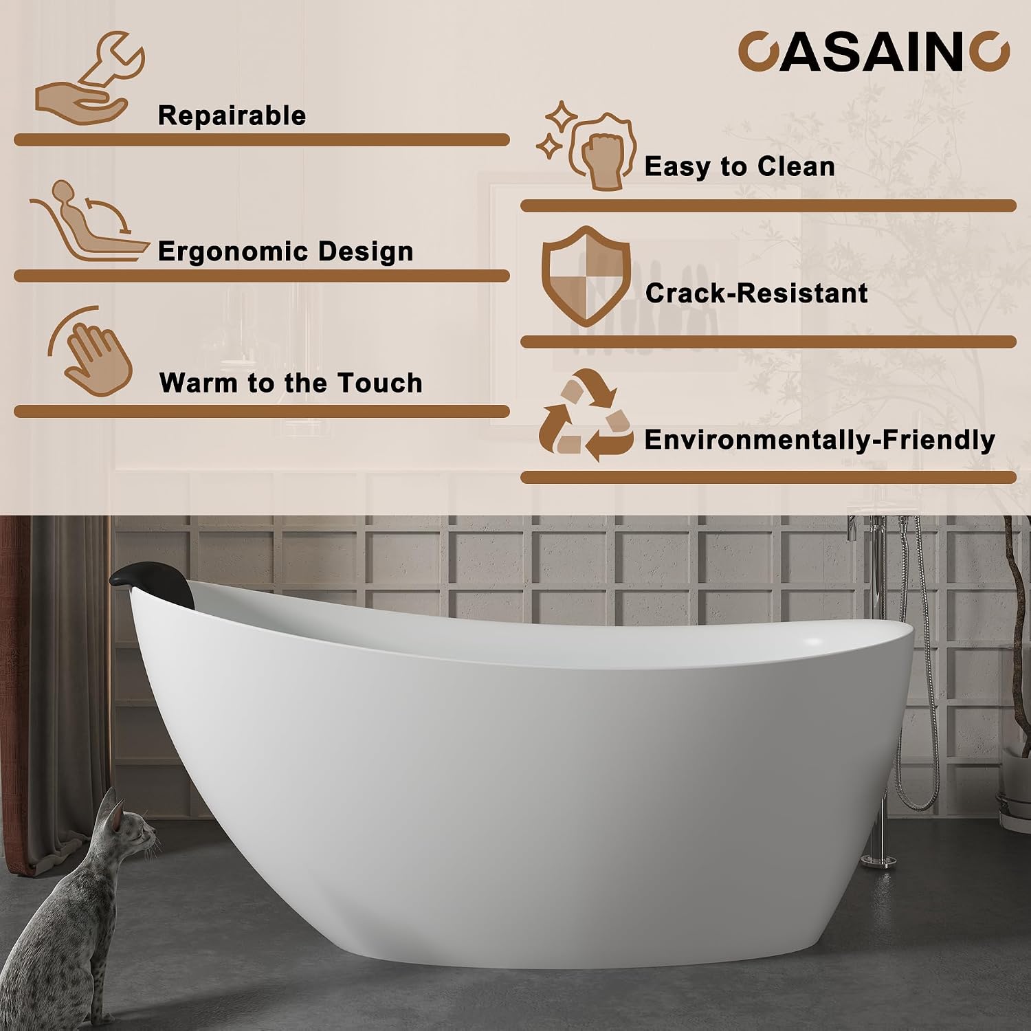 CASAINC 59'' Resin Stone Freestanding Bathtub with Pillow, Matte White Free Standing Bathtub Contemporary Soaking Stand Alone Tub, Overflow & Pop-up Drain, Drain Hose & Sanding Paper