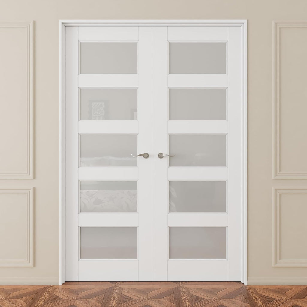 French Door 56' x 80' (Double 28' x 80') 5-Lite Frosted Glass Door Slabs with Pre-hung Jamb, Silver Hinges, Levers and Latch, White Primed, French Interior Doors with frame, Swing Double Bedroom Doors