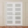 French Door 56' x 80' (Double 28' x 80') 5-Lite Frosted Glass Door Slabs with Pre-hung Jamb, Silver Hinges, Levers and Latch, White Primed, French Interior Doors with frame, Swing Double Bedroom Doors