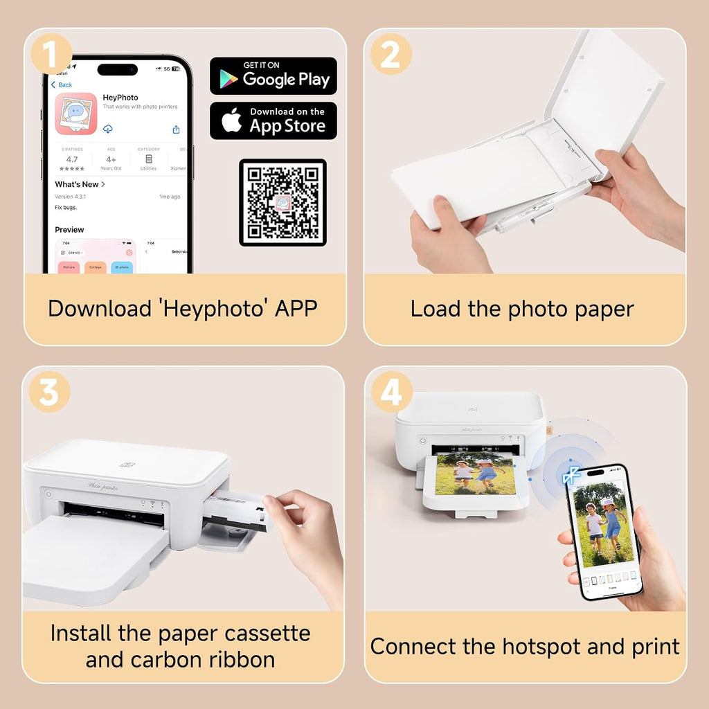 HPRT Photo Printer 4×6'+20 Sheets Photo Paper & 1 Ribbon,White, Wi-Fi Full-Color Instant Phone Photo Printer for iPhone, Android, Smartphone,Dye-Sublimation Impresora De Fotos for Home Use