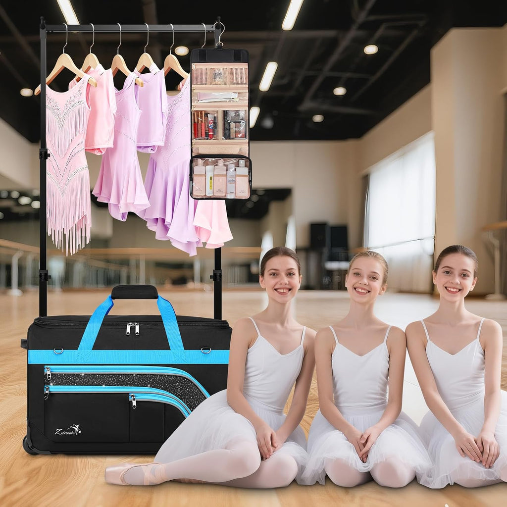 Dance Bag with Garment Rack - 28' Rolling Dance Competition Duffle Bag with Rack | Wheeled Dance Suitcase - Multiple Pockets for Dancers Cheerleader Athlete Travelers Livestreamer Cosplayer