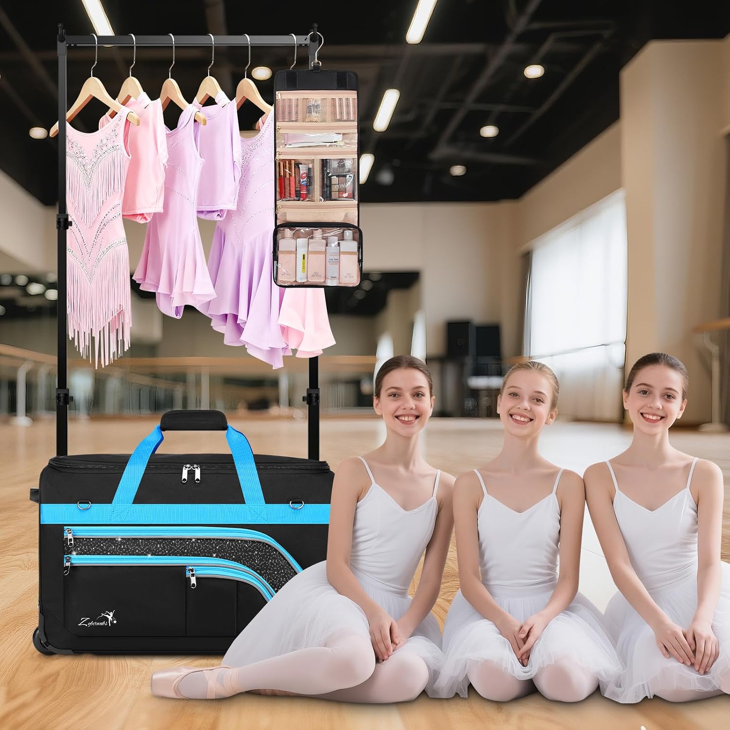 Dance Bag with Garment Rack - 28' Rolling Dance Competition Duffle Bag with Rack | Wheeled Dance Suitcase - Multiple Pockets for Dancers Cheerleader Athlete Travelers Livestreamer Cosplayer