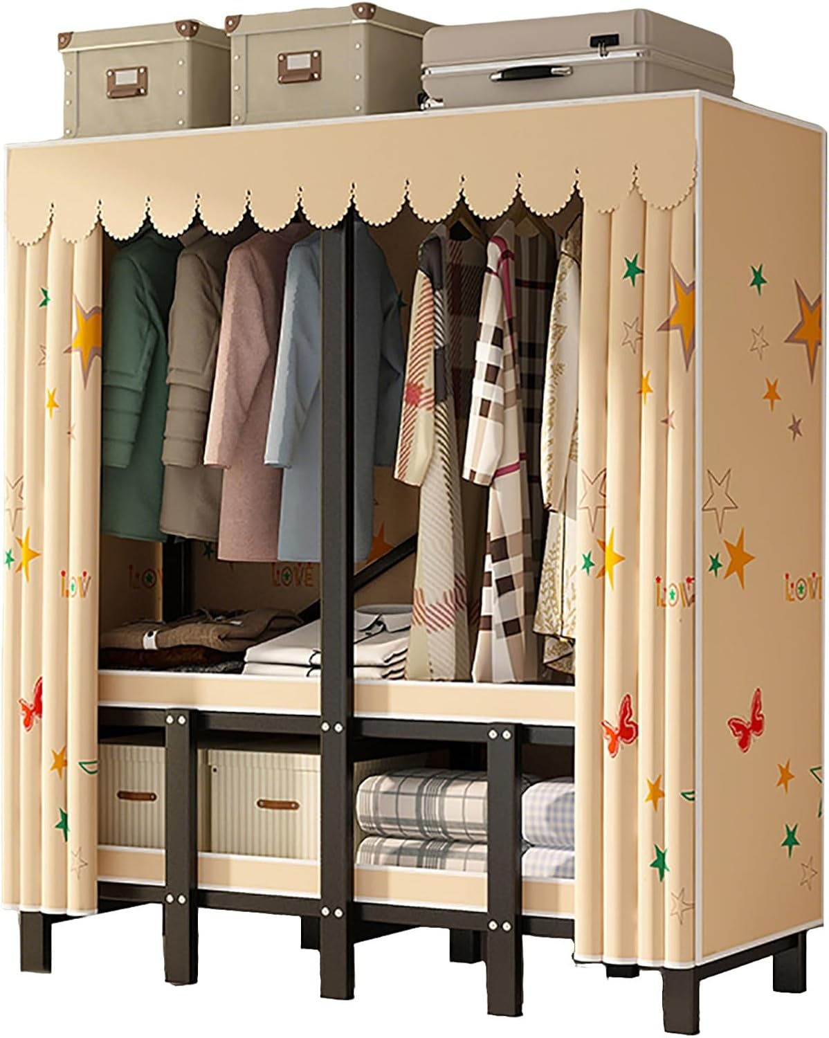 Heavy Duty Portable Wardrobe Closet for Hanging Clothing with Cover, Clothes Rack with Gauze Curtain, Covered Clothing Coat Storage Organizer(A,215cm/84.6inch)