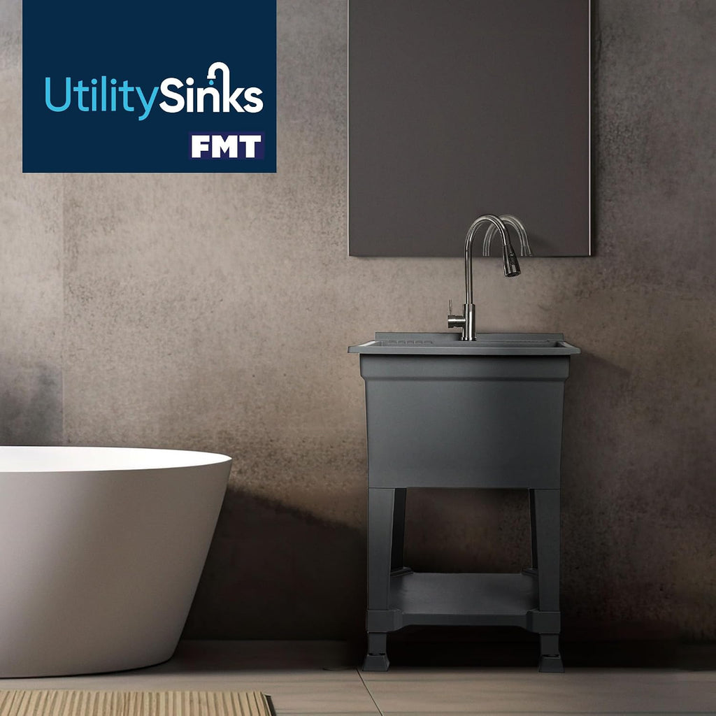 UTILITYSINKS Freestanding Utility Tub Sink with Quick Connect Drain, 24 x 24', Gray - Portable and Compact Sink with Faucet for Outdoor Kitchen, Laundry Room, Garage, and Basement