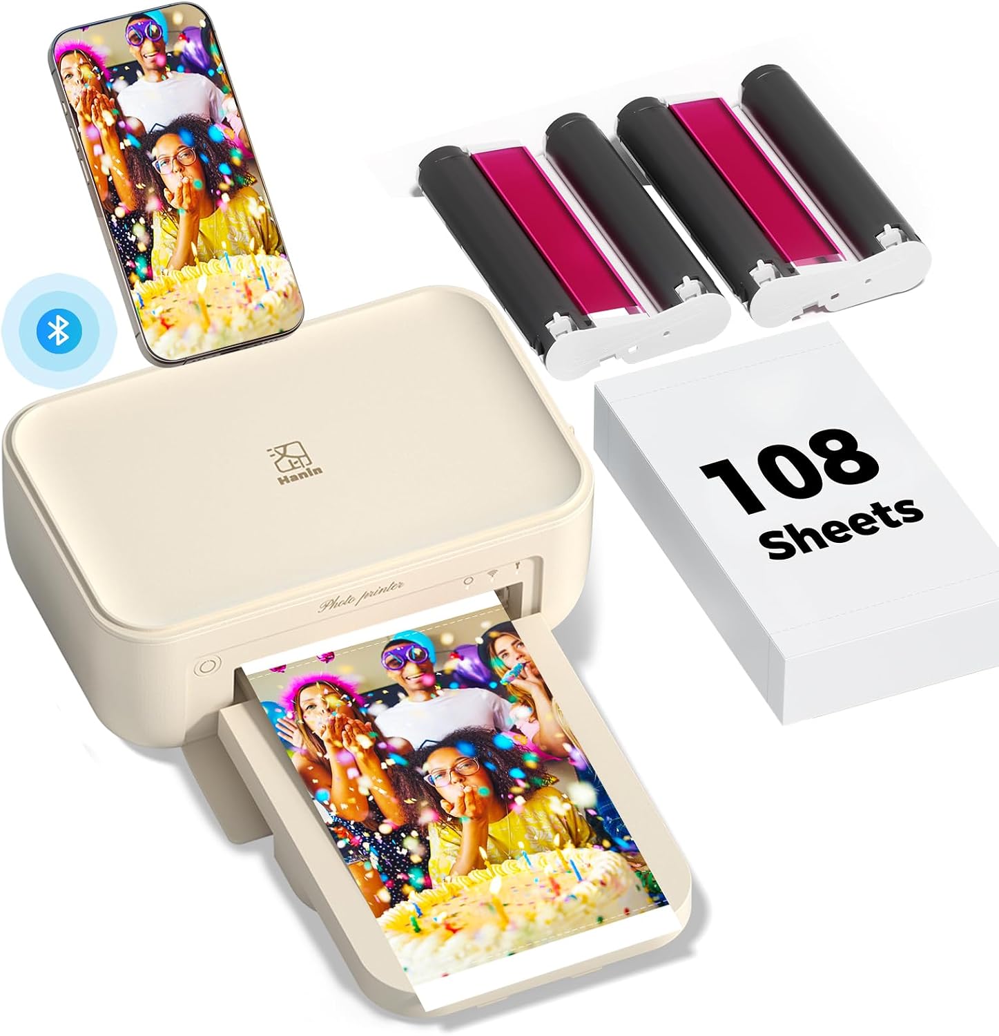 iDPRT 4×6 Photo Printer, Bundle 108 Sheets Photo Paper & 2 Ribbon Cassette, Photo Printer for iPhone & Android, Beige