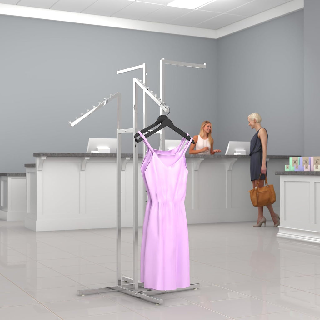Econoco 4-Way Clothing Rack – Adjustable Height Display with 2 Straight and 2 Slanted Arms, 48″–72″, Chrome Finish