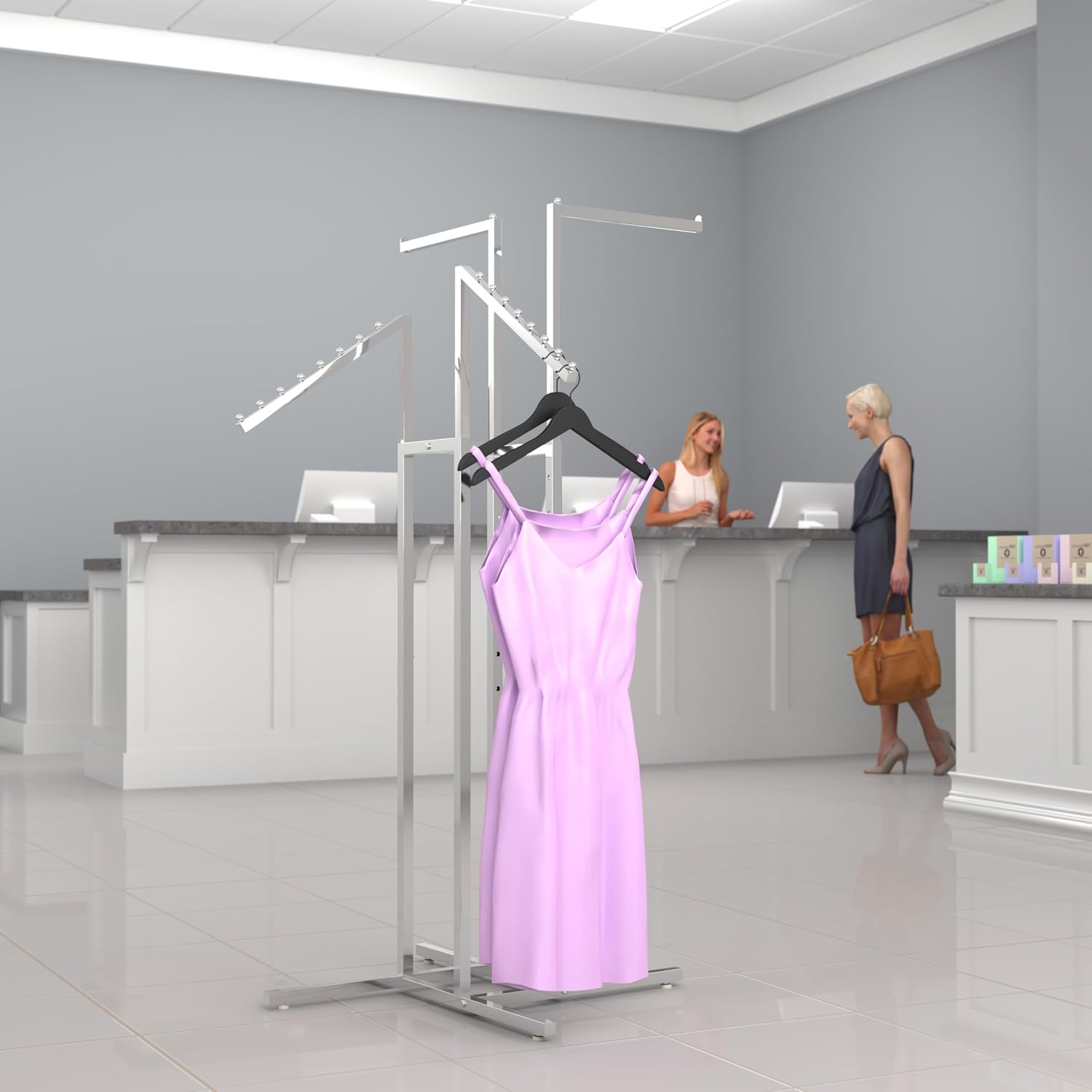 Econoco 4-Way Clothing Rack – Adjustable Height Display with 2 Straight and 2 Slanted Arms, 48″–72″, Chrome Finish