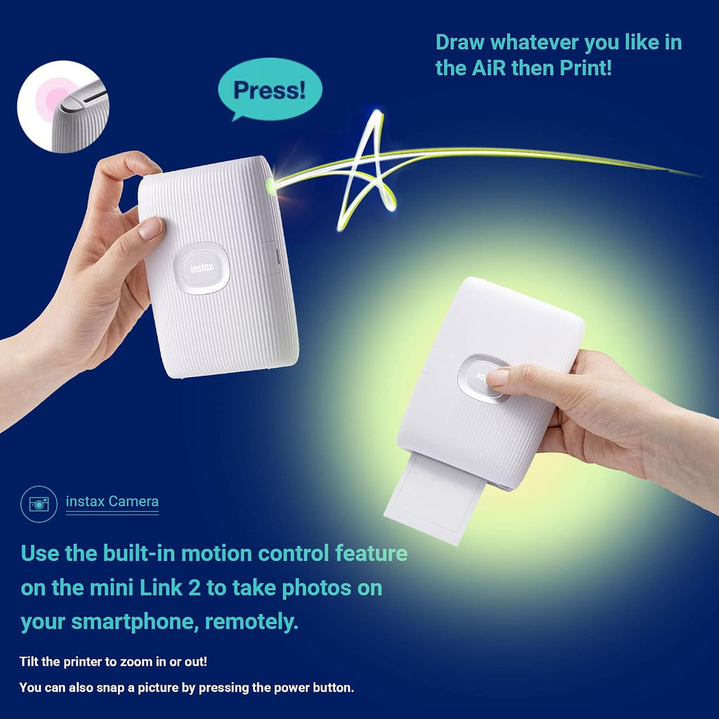 Fujifilm Instax Mini Link 2 Smartphone Printer Clay White Bundle with Fujifilm Instax Mini Twin Pack Instant Film and 20 Sticker Frames
