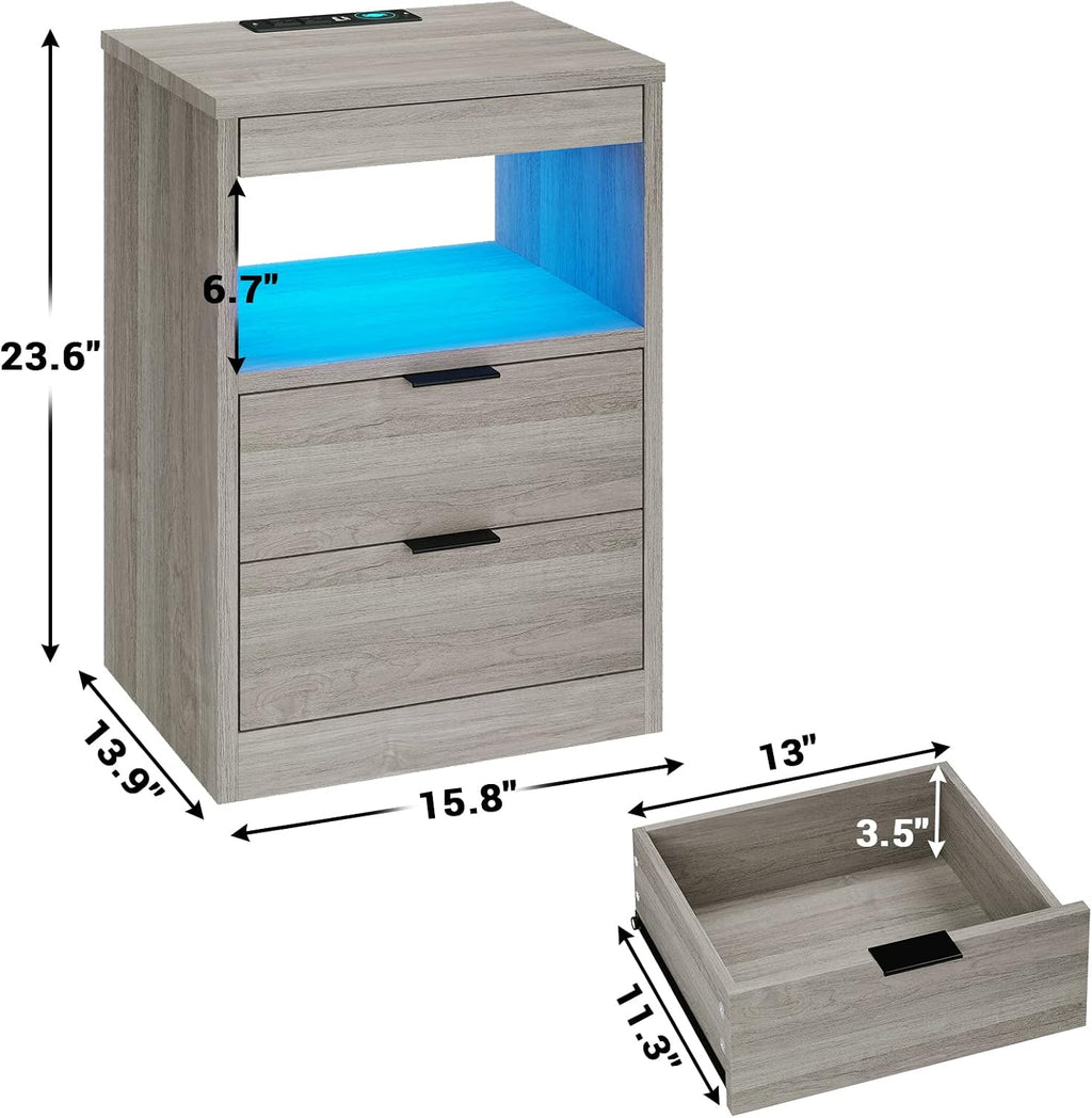 Tiptiper LED Nightstand Set of 2, Gray Nightstand with Wireless Charging Station, Night Stand with Drawers & Pull-Out Shelf, Modern Bedside Table with Storage, End Side Table