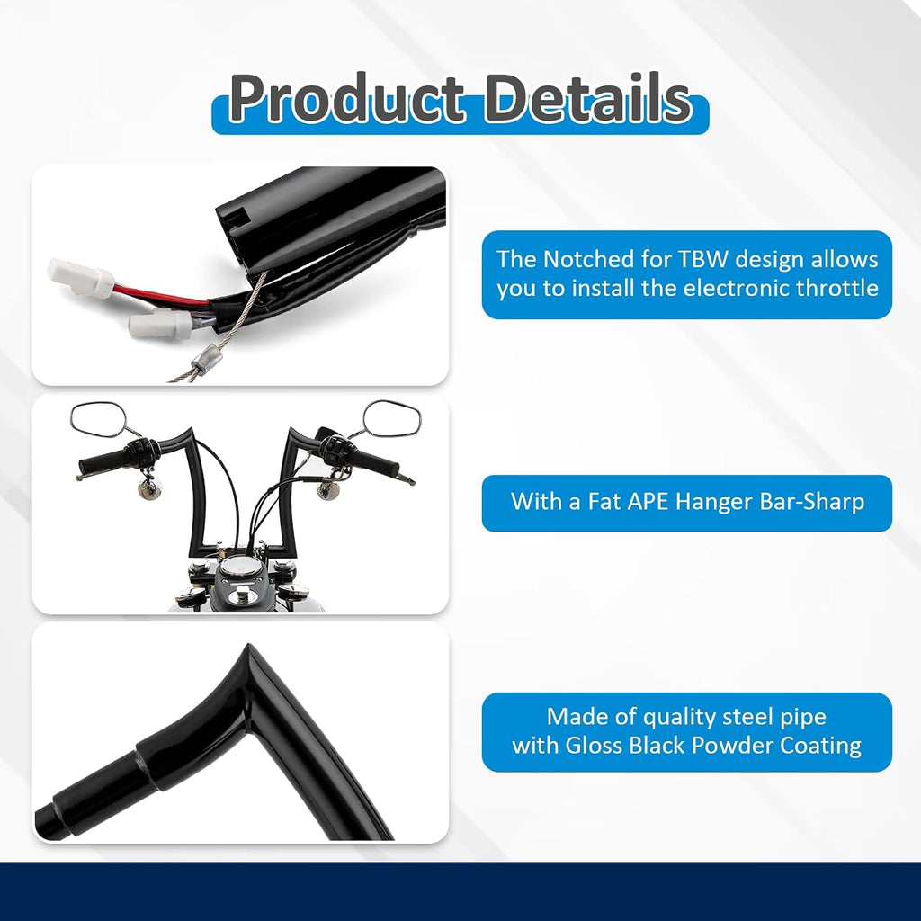 Wsays 12 Inch Pre-wired Handlebar Ape Bar Horn Compatible with Harley Softail 2011-2024 Fit Dyna 2012-2017 Fit Sportster 2011-2022 Fit Touring Road King 2015-Later