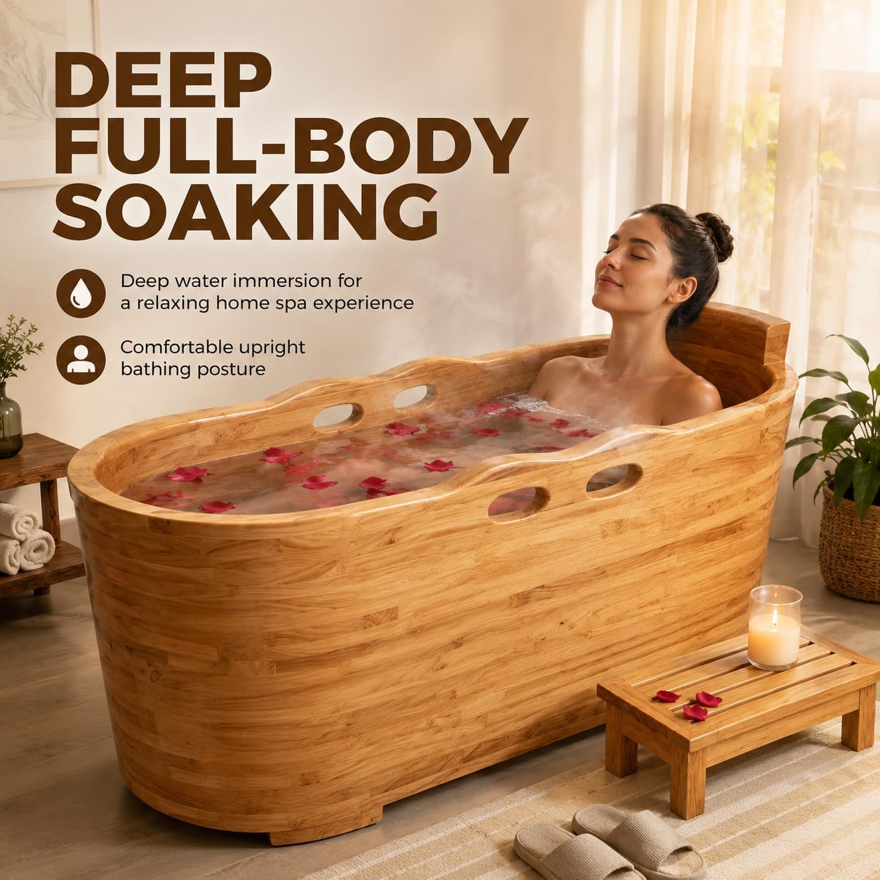 Large Wooden Bathtub Japanese Style Freestanding Oak Soaking Tub with Accessories for Adults, Home Spa and Deep Soaking Experience (wooden color, 43.3')