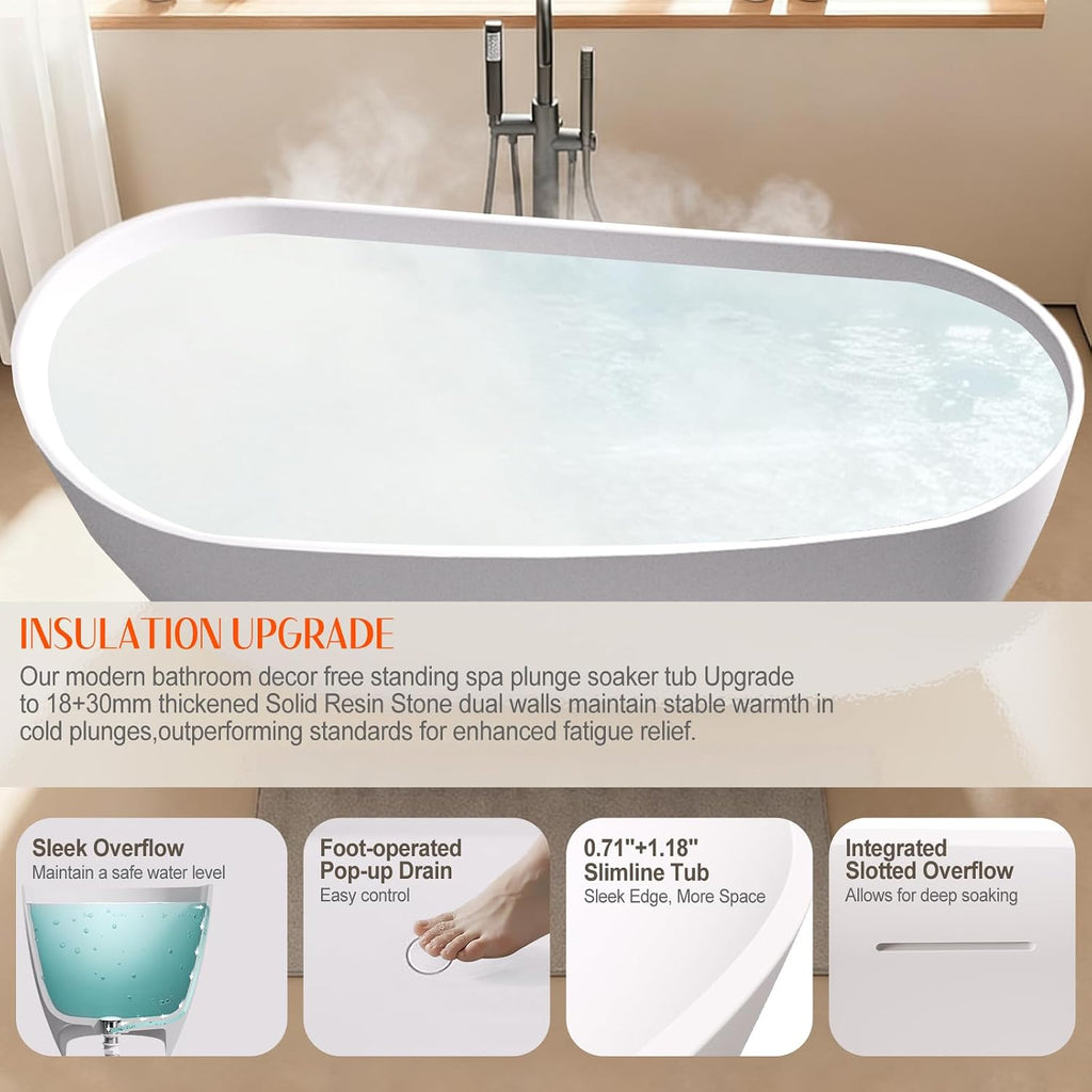 Stone Resin Freestanding Bathtubs,67'Solid Surface Matte White Upgrade One-Piece Molding 18mm Thickened & 30mm Reinforced Overflow edges Luxury Stand Alone Soaking Tub with Drain & Overflow