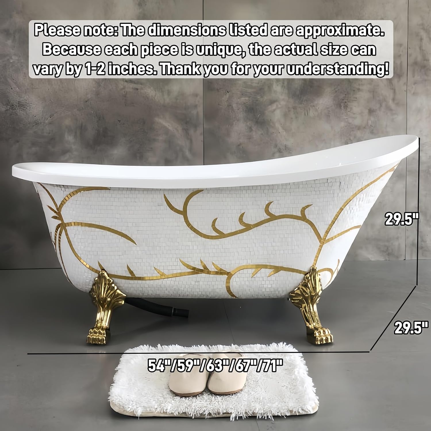 54' Edeyeu Freestanding Bathtub - Solid Surface Soaking Tub With Gold Clawfoot Elegance, Designer Free Standing Bathtub for Luxury Spa Bathroom, Extra Deep Soaker, A