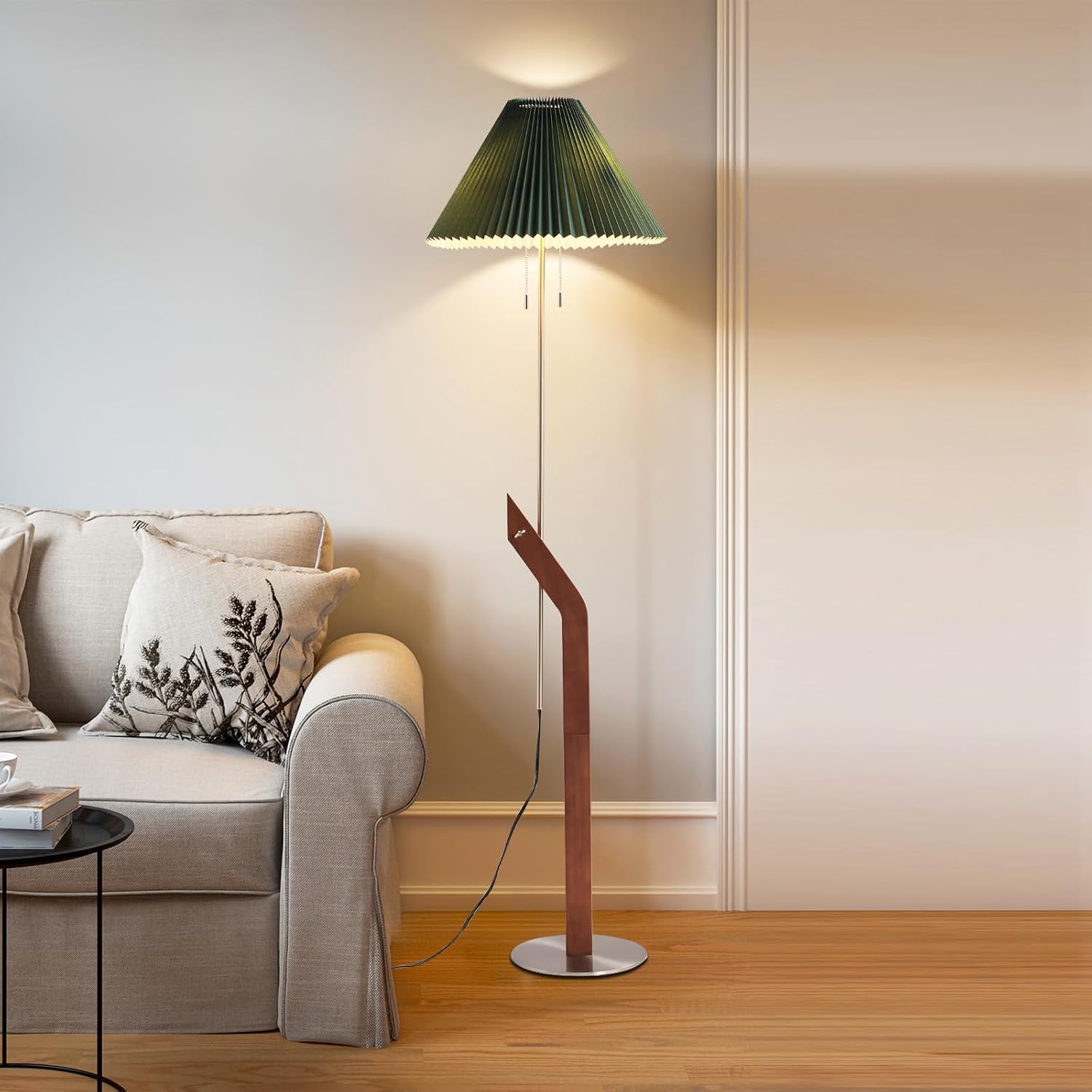 Mid Century Modern Wood Floor Lamp, Green Pleated Lampshade | Height Adjustable, Living Room, Study Room, Bedroom, Office,Sand Nickel,Tall Standing Dual Lamp Heads