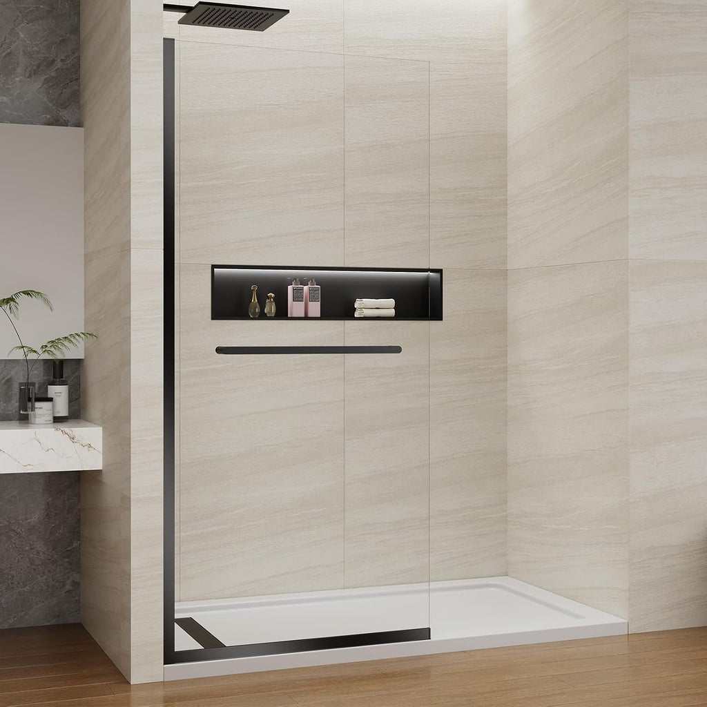 Shower Screen 36' x 76' Half Frameless Shower Wall Panel, Tempered Glass 3/8 inch, Easy to clean Coating, Fixed Glass Shower Door with Hardware (Matte Black with Towel Bar, 36' W X 76' H)
