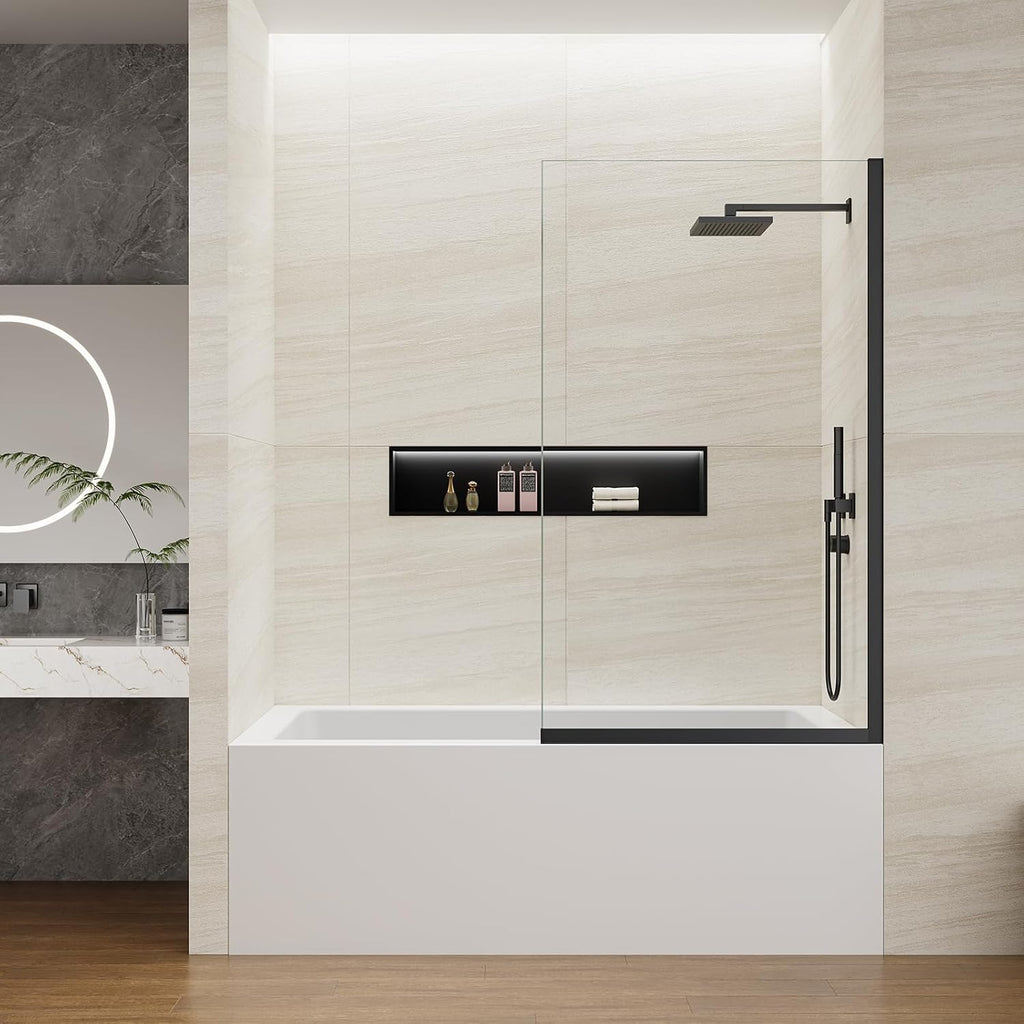 Shower Screen 35' x 60' Half Frameless Shower Bathtub Wall Panel, Tempered Glass 3/8 inch, Easy to clean Coating, Fixed Glass Shower Door with Hardware (Matte Black)
