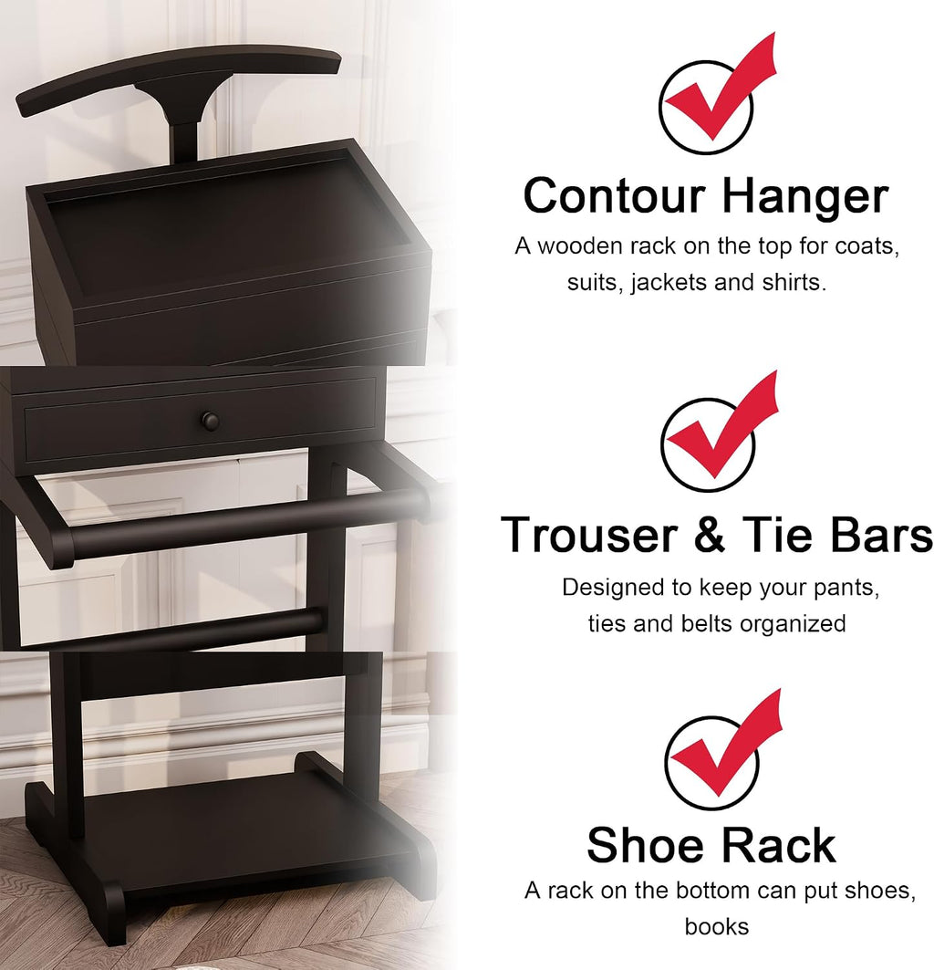 Brefhome Luxury Mens Valet Stand with Storage Drawer & Jewelry Tray, Executive Wooden Clothes Rack for Men Women, Garment Organizer for Suit, Tie, Pant, Watch & Phone, Black (Box + Drawer)