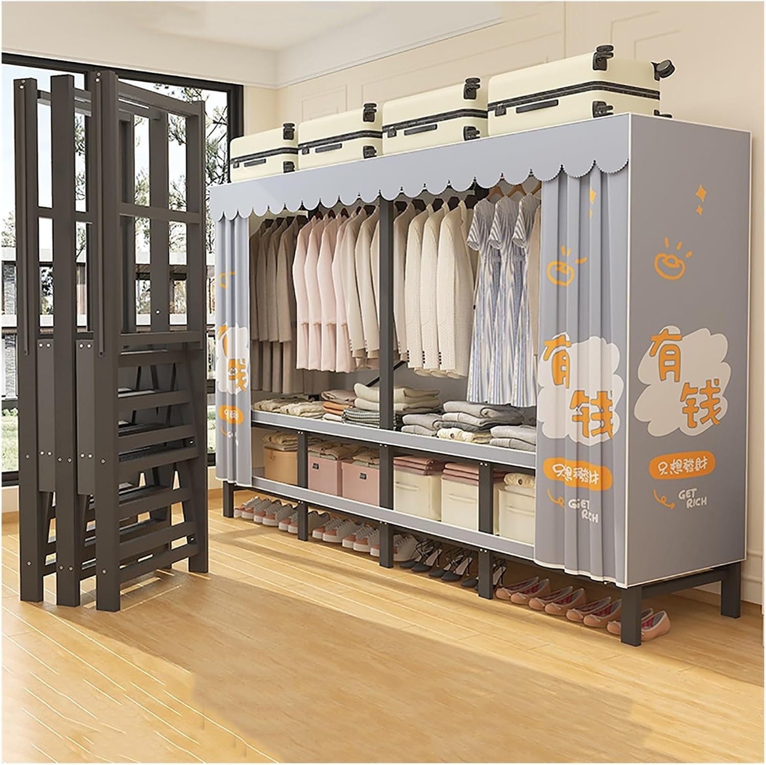 Foldable Wardrobe Closet With Cover, Metal Clothing Rack For Hanging Clothes, Portable Coat Storage Garment Rack, One-Piece Folding Base, For Bedroom, Dorm(Grey1,190cm/74.8inch)