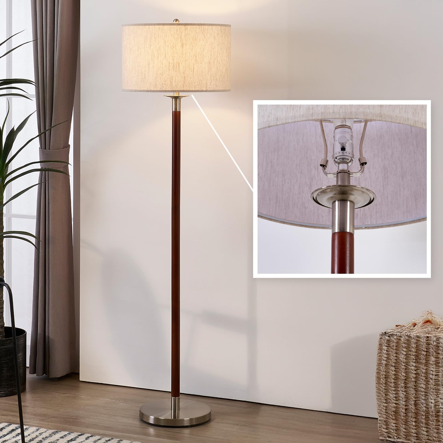 Walnut Brown Modern Floor Lamp for Living Room, Dimmable Tall Standing Lamp with Linen Shade and Bulb, Mid Century Rustic Farmhouse Floor Lamp for Bedroom Office Corner