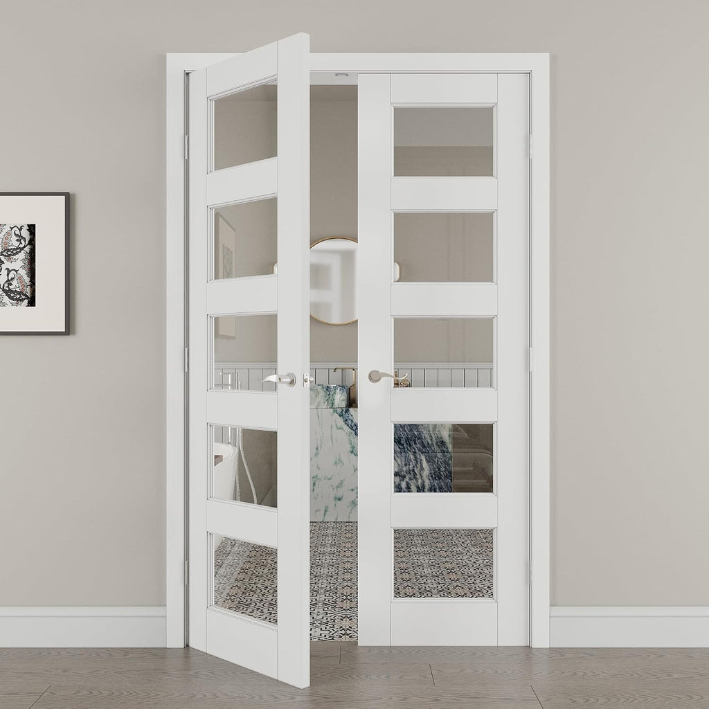 48' x 80' French Doors Interior (Double 24' x 80' 5-Lite Clear Glass Door with Silver Hinge Prehung Jamb Kit), Pre-Finished & Paintable, Prebuilt Home Door Panels & Assembly Required Jamb