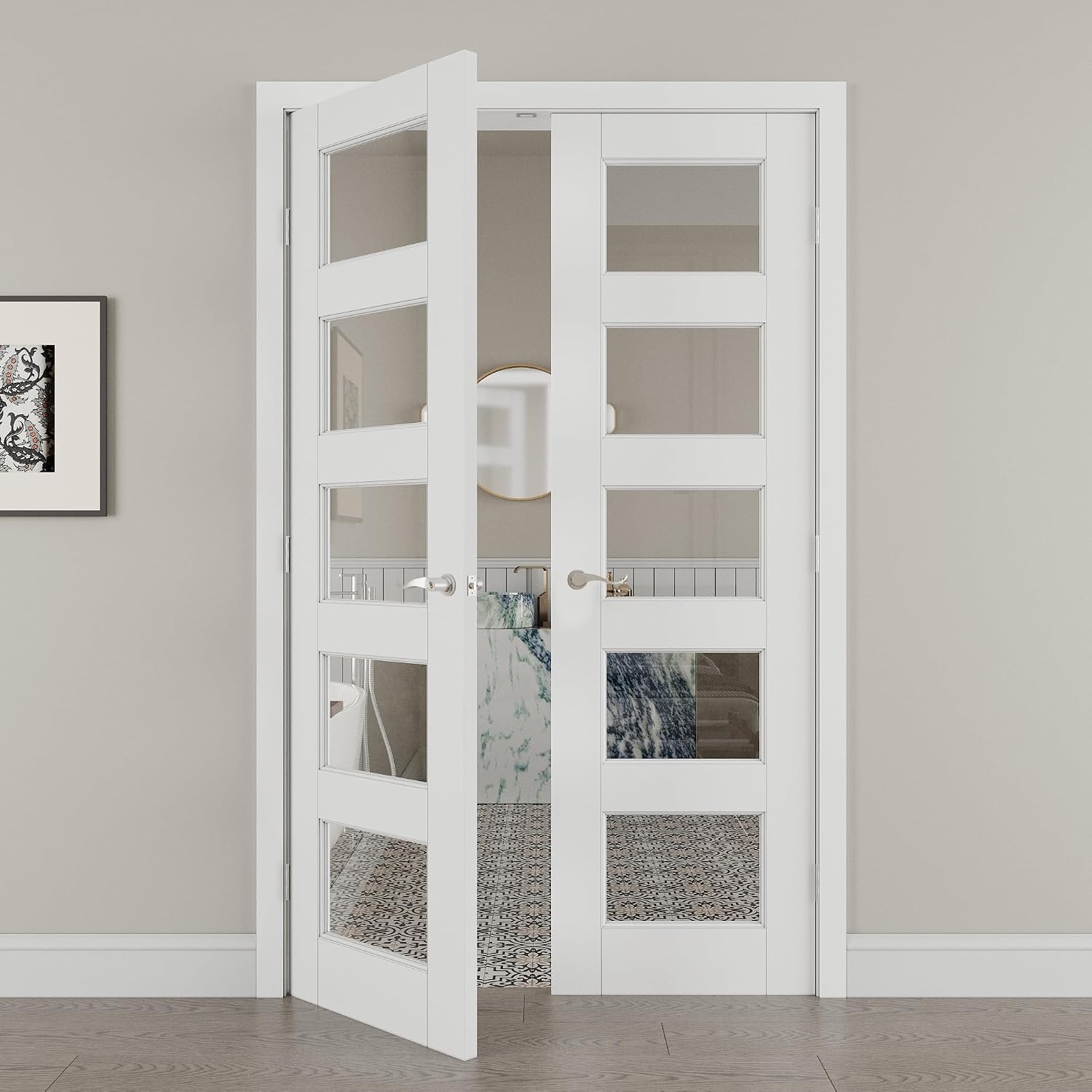 48' x 80' French Doors Interior (Double 24' x 80' 5-Lite Clear Glass Door with Silver Hinge Prehung Jamb Kit), Pre-Finished & Paintable, Prebuilt Home Door Panels & Assembly Required Jamb