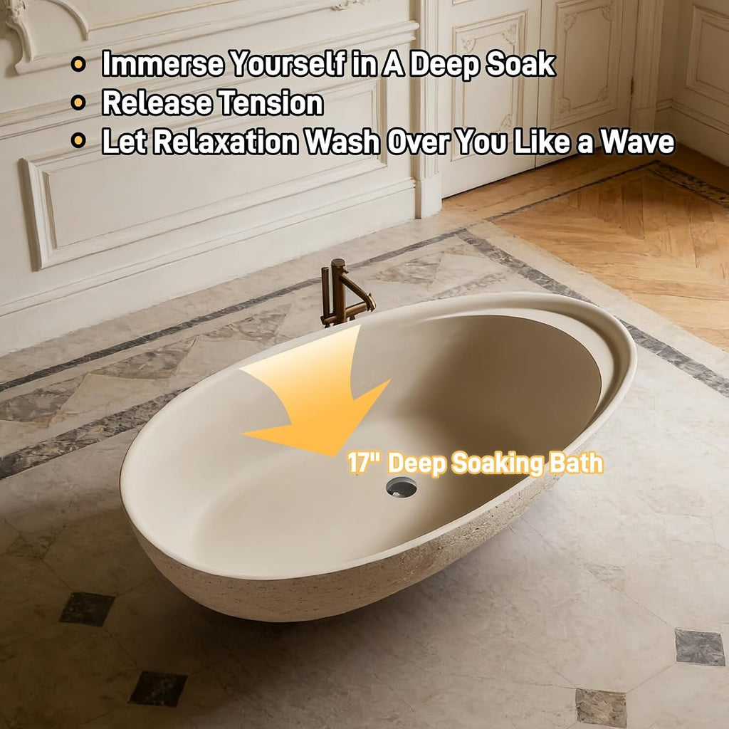 59' Edeyeu Freestanding Bathtub - Solid Surface Bathtub Soaking Tub, Extra Deep Stand Alone Tub, Designer Free Standing Luxury Spa Statement For Elite Bathrooms, Beige