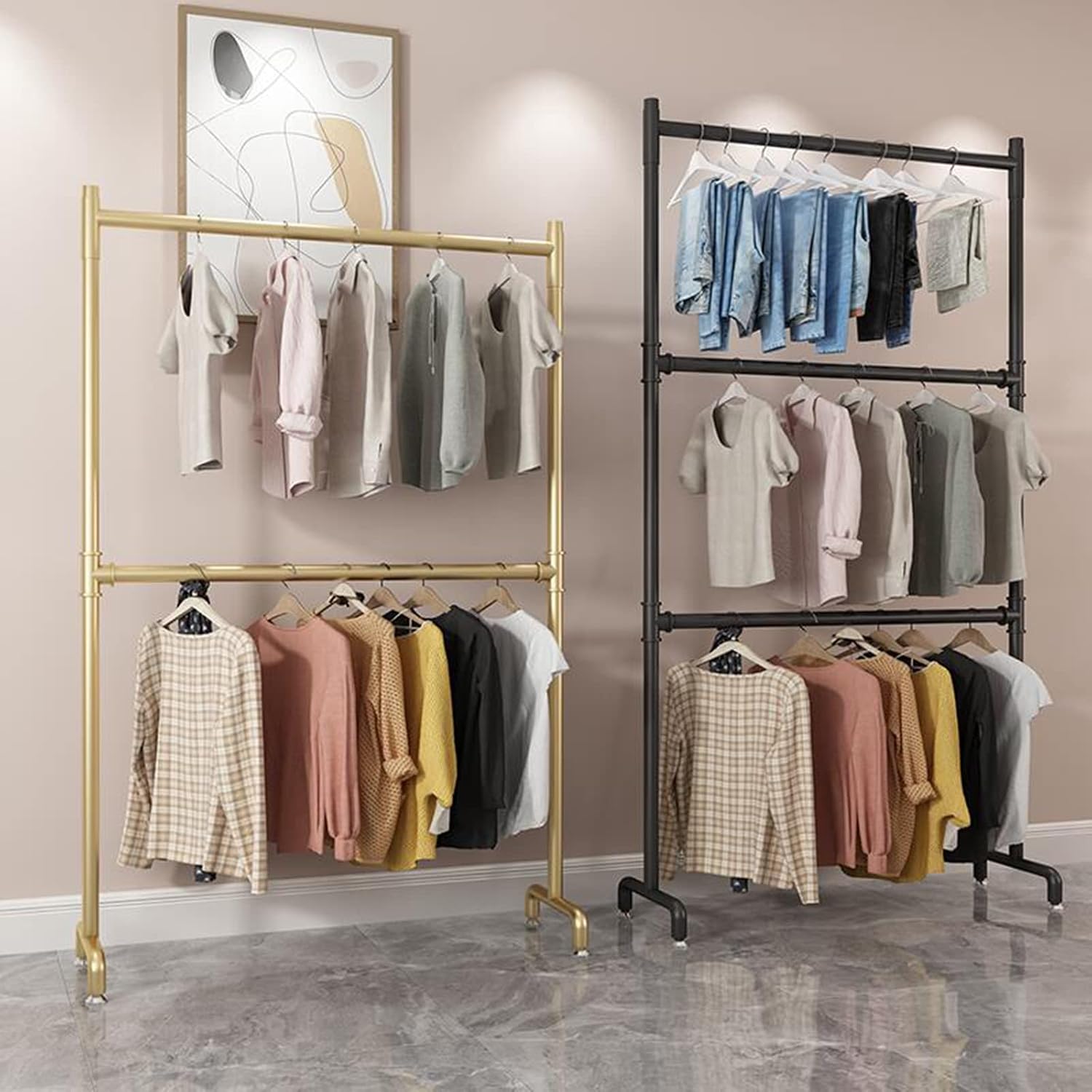 Clothes Stand, Metal Garment Rack with 3 Clothes Hanging Rail, Heavy Duty Stand Storage Shelf, for Coats, Bags, Sweaters, Shirts, for Clothing Retail Store(Size:100 * 40 * 230CM,Color:Gold)