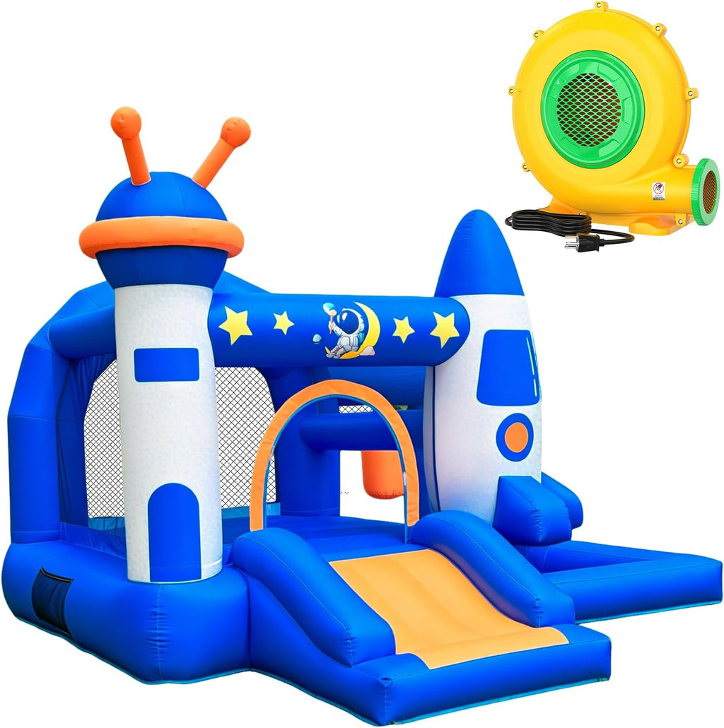 Kid Bounce House, Space Rocket Theme Inflatable Bounce House for 3-6 with 370W Blower, Basketball Hoop, Slide, Ball Pit (Balls Not Included), Storage Bag, Bouncy Castle for Indoor Outdoor Use