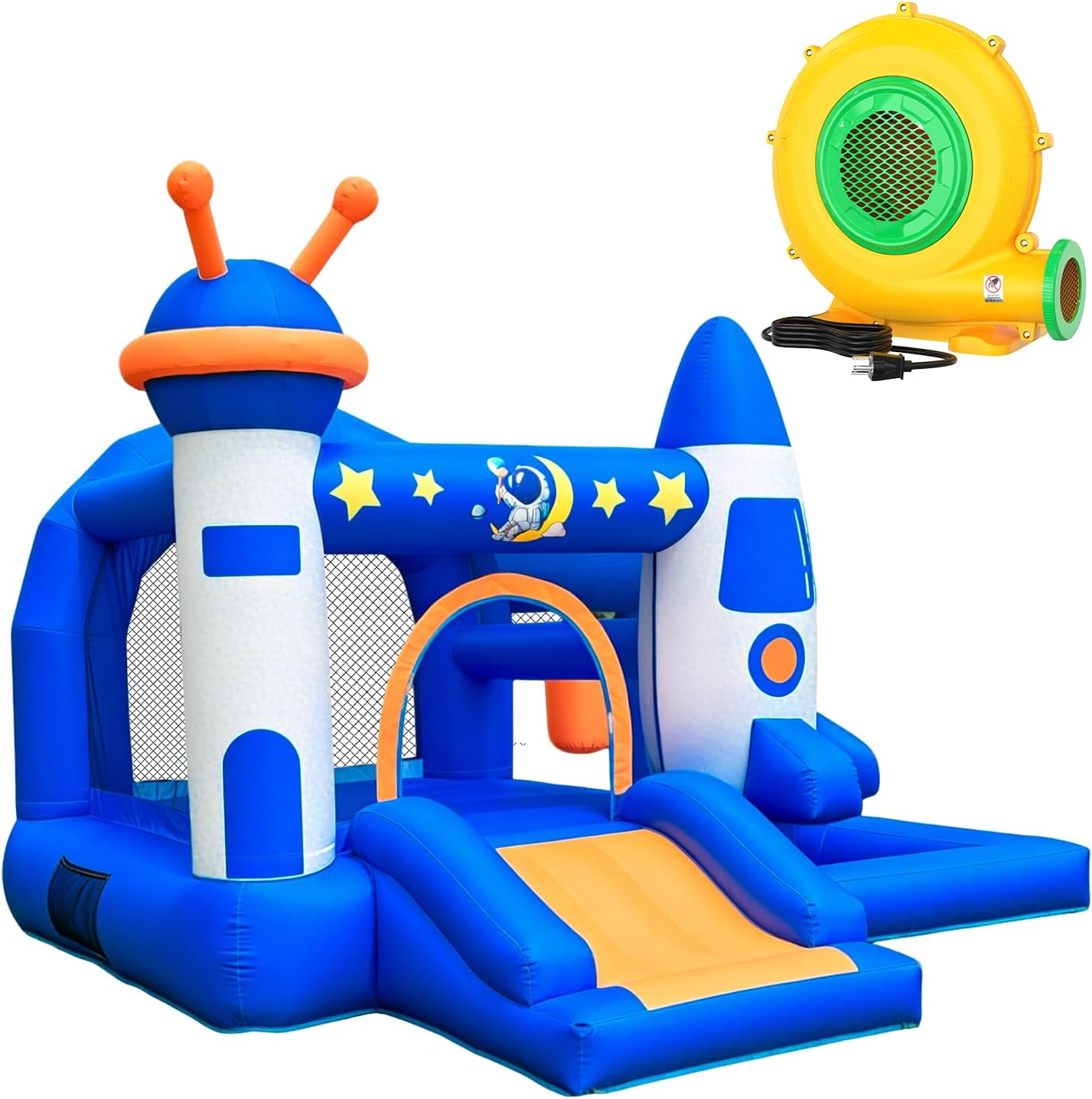 Kid Bounce House, Space Rocket Theme Inflatable Bounce House for 3-6 with 370W Blower, Basketball Hoop, Slide, Ball Pit (Balls Not Included), Storage Bag, Bouncy Castle for Indoor Outdoor Use