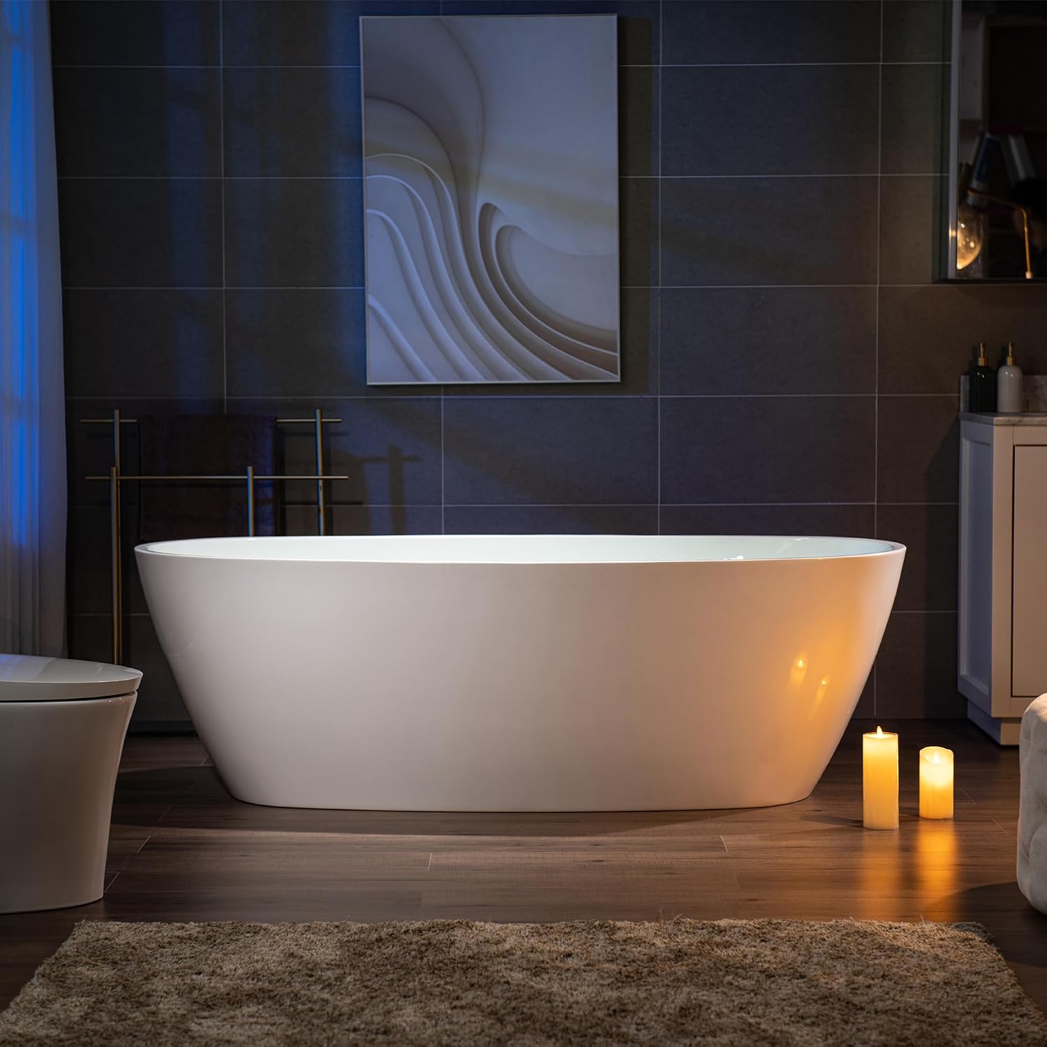 WOODBRIDGE 71' Acrylic Freestanding Bathtub Contemporary Soaking Tub, White Acrylic,Matte Black Drain/Overflow