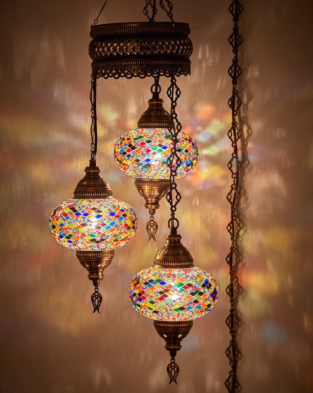 DEMMEX Plug-in Turkish Hanging Lamp, Handmade Moroccan Mosaic Chandelier Pendant Light Fixture with 15-ft Cord & Chain, Decorative Ceiling Lamp for Living Room, Bedroom, 3 Large 7'' Globes, 3.5 ft.