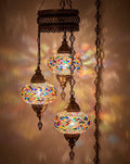 DEMMEX Plug-in Turkish Hanging Lamp, Handmade Moroccan Mosaic Chandelier Pendant Light Fixture with 15-ft Cord & Chain, Decorative Ceiling Lamp for Living Room, Bedroom, 3 Large 7'' Globes, 3.5 ft.