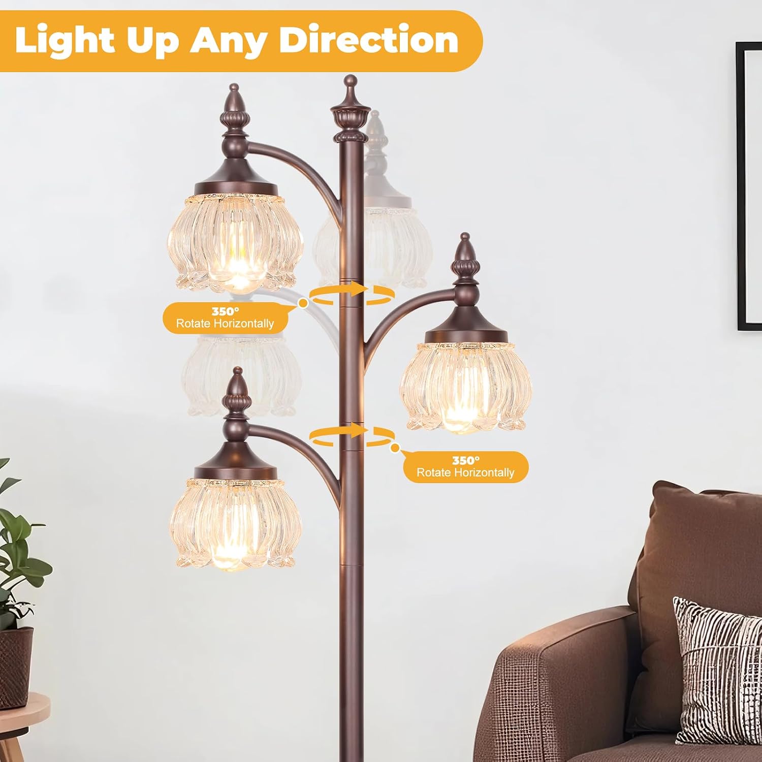 JUNNAI Brown Floor Lamps for Living Room Standing Lamp with 3 Brightness Lights Glass Shade 66.5in Flower Lamp for Bedroom Office Corner(3LED Bulbs Included)