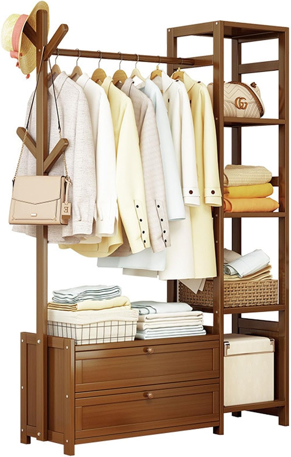 Bamboo Clothing Rack, Heavy Duty Rolling Garment Rack 4 Tier Storage Shelves Garment Rack with Side Hooks & drawers Clothes Racks for Hanging Clothes, Clothes Storage and Display, Wood
