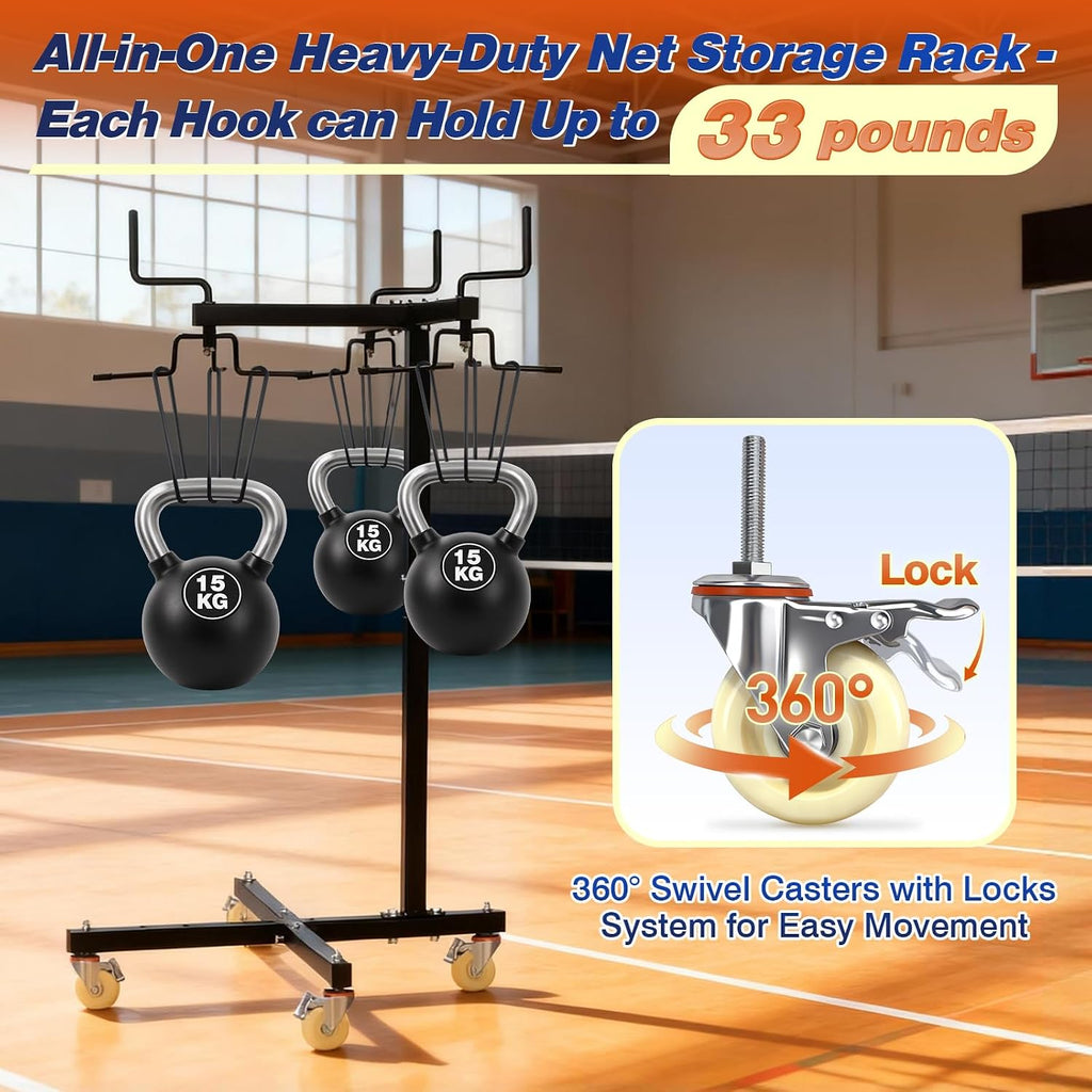 Movable Sports Net Storage Rack with Lockable Wheels, Heavy-Duty Holder for Volleyball, Tennis, Pickleball, Badminton Nets, Space-Saving Support Rack with Swivel Handle & Dust Covers