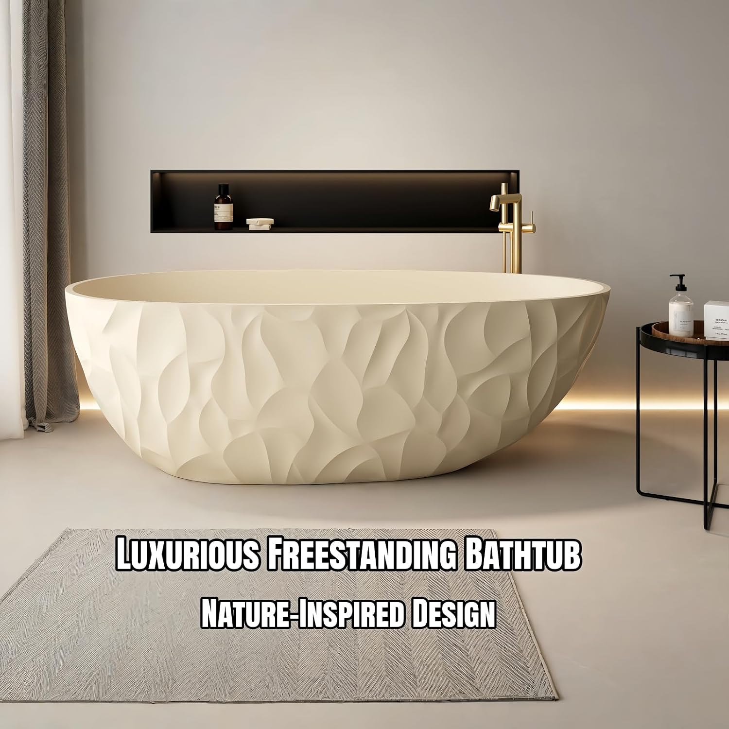 67' Edeyeu Luxury Freestanding Bathtub – Modern Solid Surface Bathtub With Ripple Design, Extra Deep Soaking Tub, Ergonomic Stand Alone Tub For Contemporary Luxury Bathrooms C