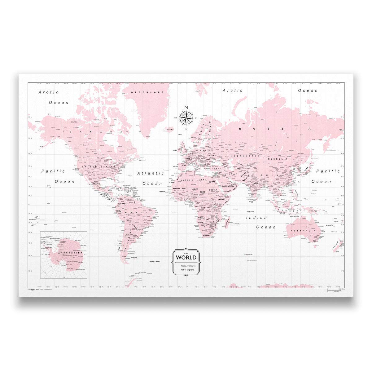 Push Pin World Map Board - With Push Pins to Mark World Travel - Handmade in Ohio, USA - Design: Pink Color Splash