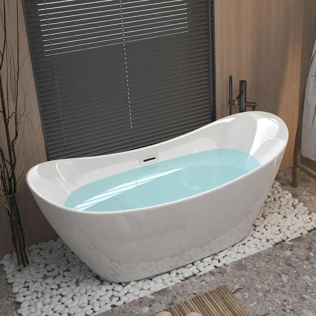 Freestanding Bathtub 59' Acrylic Contemporary Free Standing Tub Ship Shape Oval Acrylic Soaking Bath Tubs with Chrome Pop-Up Drain & Overflow, White