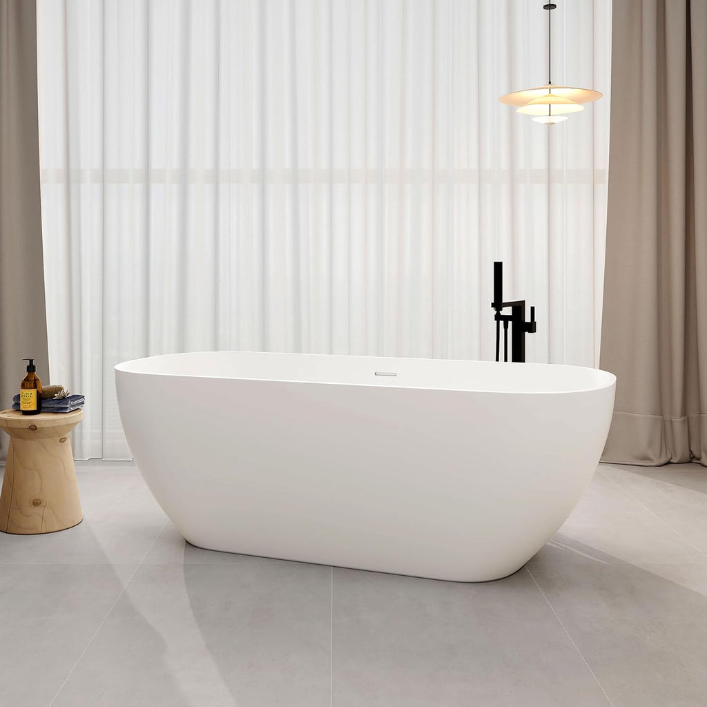 SJ STAR&JANE Solid Surface Freestanding Bathtub, 67' Oval Soaking Tub with Overflow & Pop-up Drain, Matte White Finish for Bathrooms