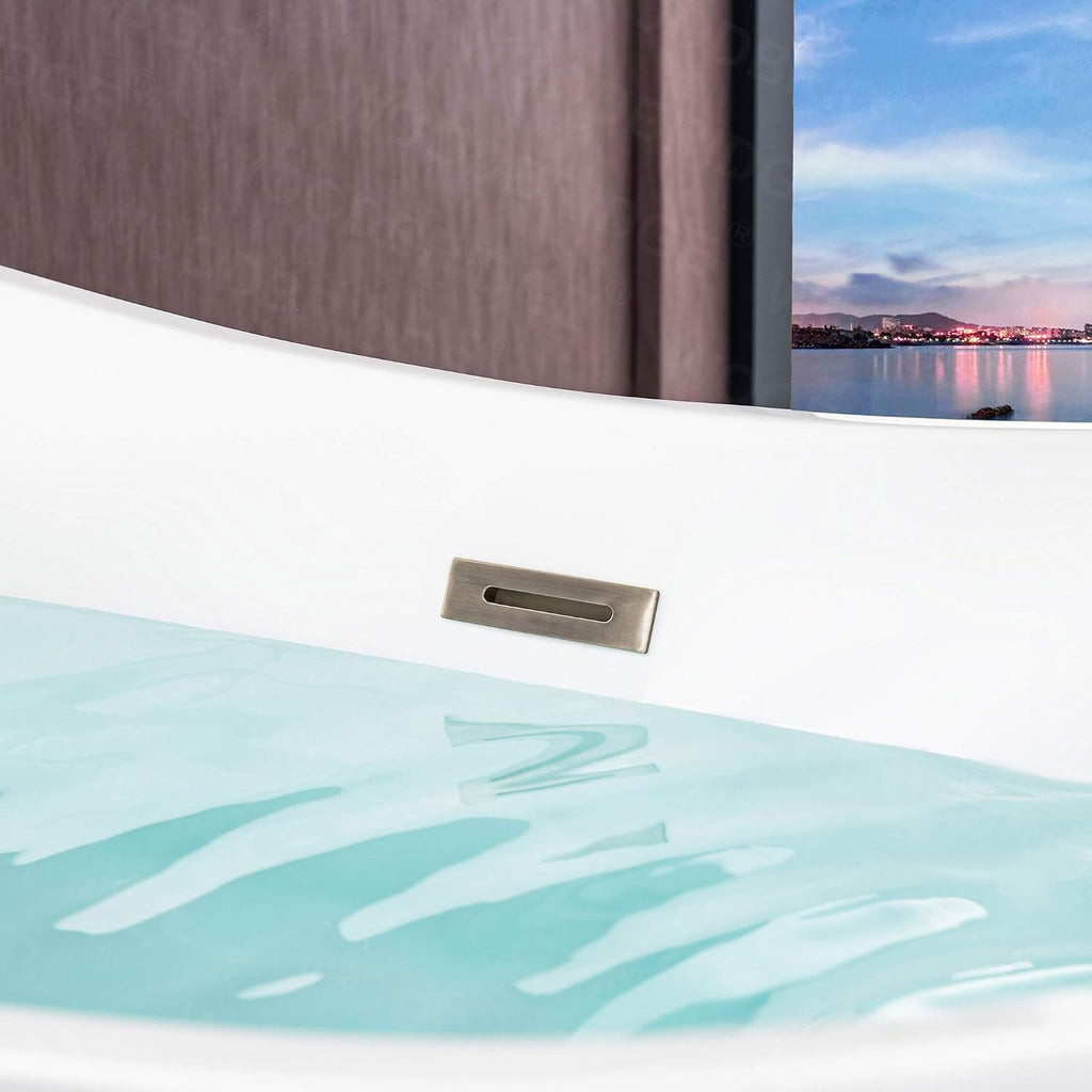 WOODBRIDGE 67' Acrylic Freestanding Bathtub Contemporary Soaking Tub, White Acrylic (Brushed Nickel Drain/Overflow) with Pillow