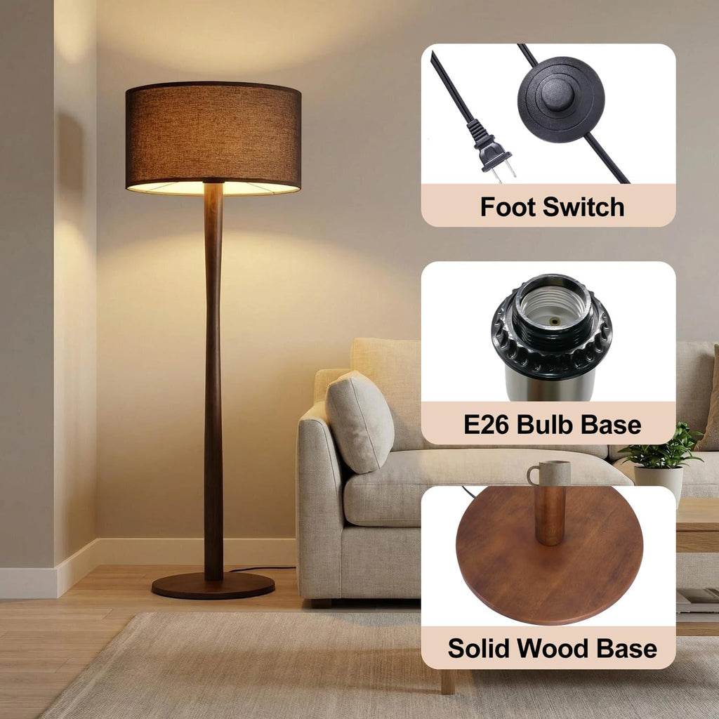 62' Tall Rustic Wood Floor Lamp for Living Room, Farmhouse Walnut Wood Floor Lamps with Linen Shade, UL Listed Standing Lamps with Wooden Base for Bedroom, Dining Room, House, Black Shade