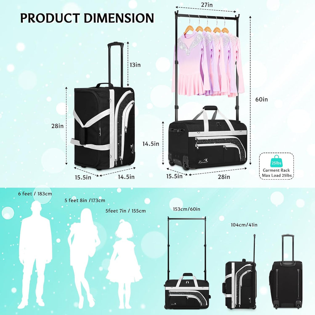 Dance Bag with Garment Rack - 28' Rolling Dance Competition Duffle Bag with Rack | Wheeled Dance Suitcase - Multiple Pockets for Dancers Cheerleader Athlete Travelers Livestreamer Cosplayer