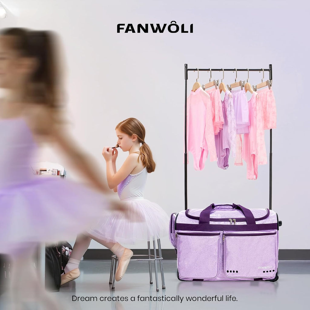 Fanwoli 23' Dance Bag with Garment Rack | Glittering Waterproof Fabric | Shine-Bright Collection | Ideal Competition Rolling Duffle Bag for Dancer Cheerleader Little Princess | Sparkle Purple