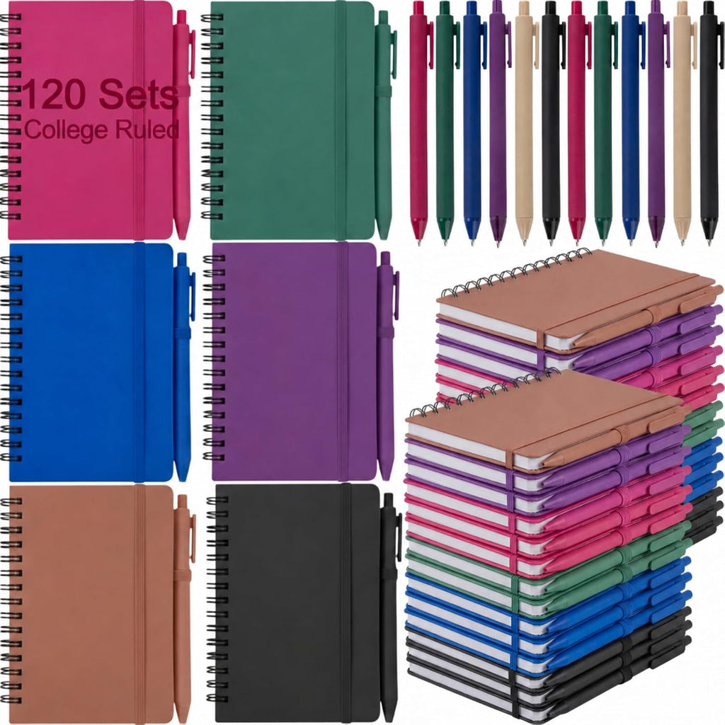 Fulmoon 120 Set Small Spiral Notebooks A6 with Pens Bulk, Multicolor 4' x 6' Pocket Notebooks Mini Lined Journals 50 Sheets for Back to School Supplies Students Rewards Office Gifts (Deep Tones)
