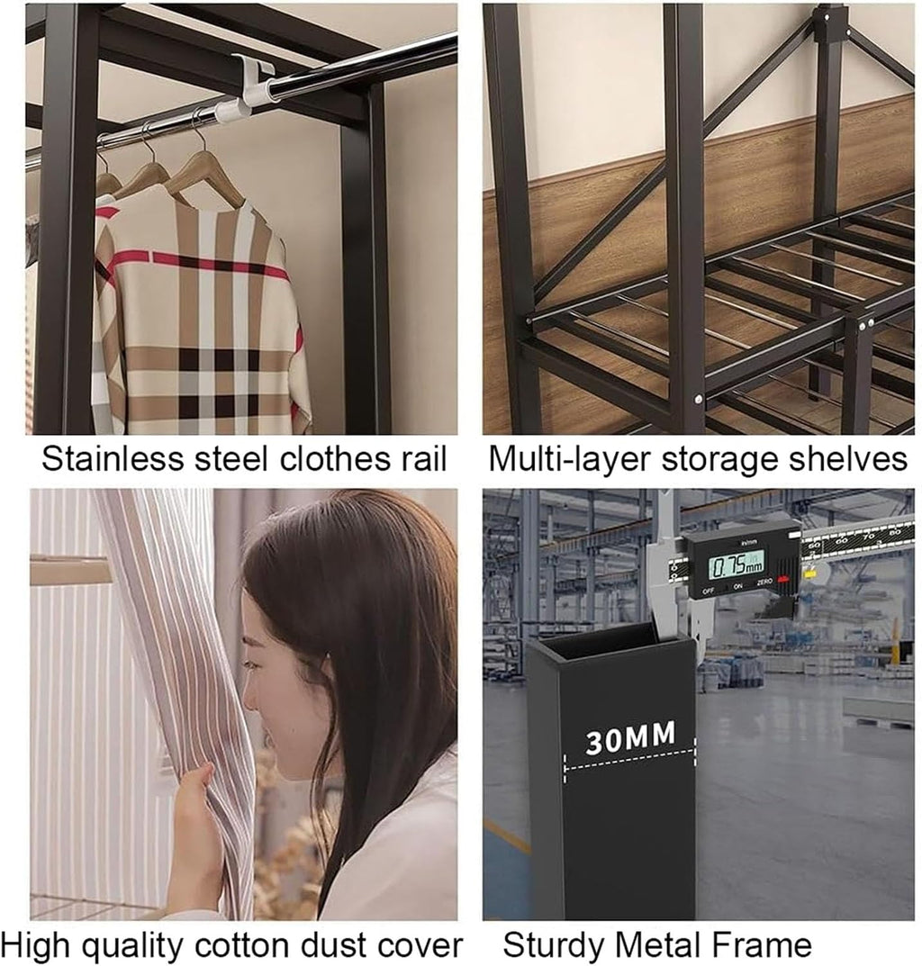 Foldable Portable Garment Rack, Free Standing Clothing Rack with Shelf Foldable Design Garment Rack with Grey Cover Clothing Storage Rack for Bedroom Wardrobe, Heavy-duty Portable Closet(76.8inch/195c