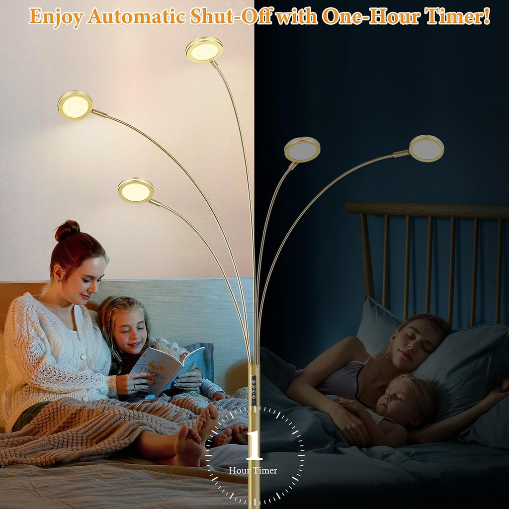 LED Arc Floor Lamp with Remote, 2250LM Dimmable Gold Floor Lamp with Timer, Adjustable Colors, Brightness & 5 Adjustable Arms, Multi-Head Tall Tree Standing Lamp for Living Room Bedroom Corner Office