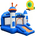 Bounce House, Kid Inflatable Bounce House with Slide, Space Rocket Themed Bouncy Castle for Kids 3-6, 370W for Indoor & Outdoor Play, Backyard Birthday Party with Basketball Hoop
