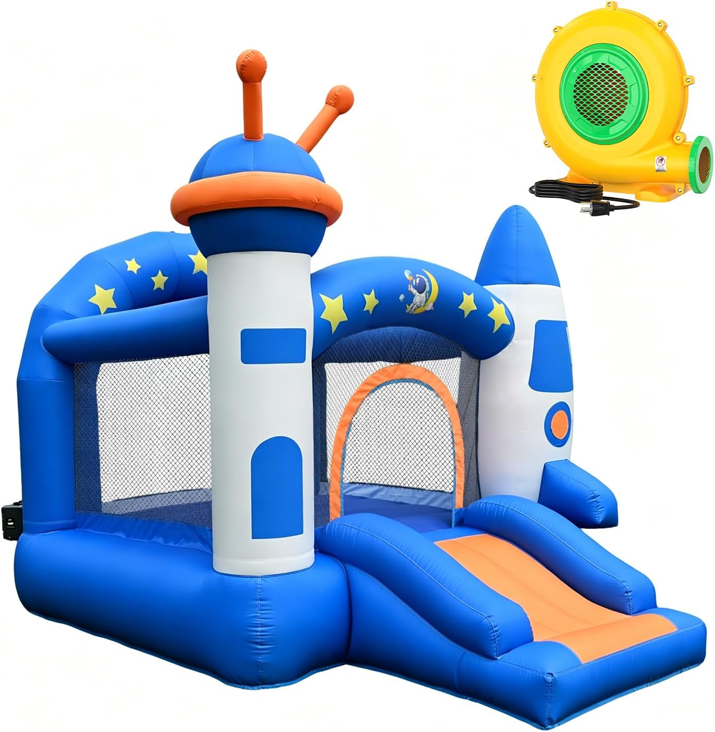 Bounce House, Kid Inflatable Bounce House with Slide, Space Rocket Themed Bouncy Castle for Kids 3-6, 370W for Indoor & Outdoor Play, Backyard Birthday Party with Basketball Hoop