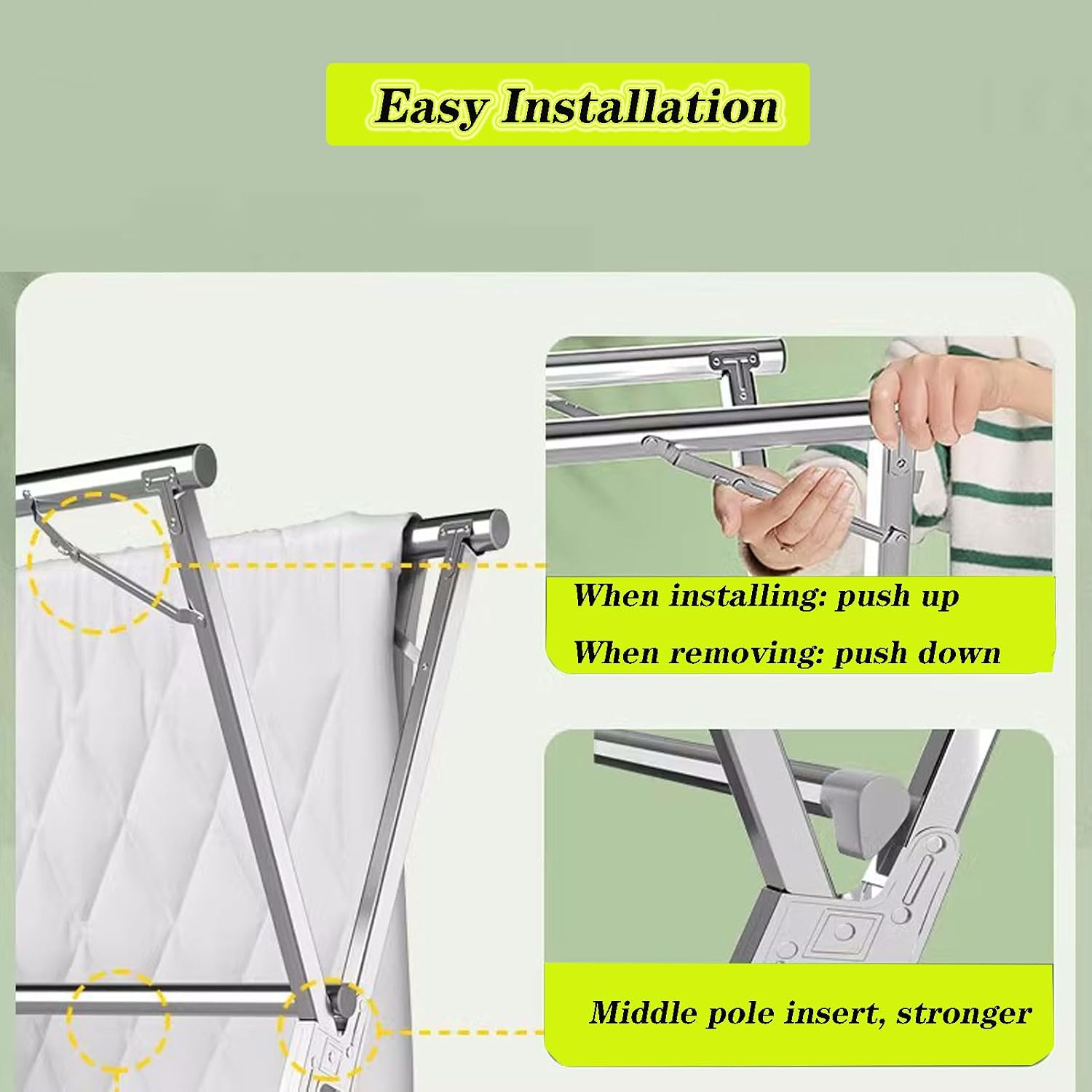 Clothes Drying Rack Folding Indoor,Garment Racks for Hanging Clothes Heavy Duty,Laundry Standing Shelf,Stainless Steel Laundry Stand,Saves Space(150cm/60 in)