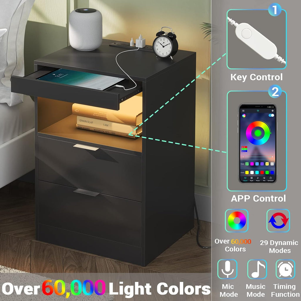 Tiptiper Black Nightstand Set of 2, LED Nightstand with Wireless Charging Station, Night Stand with Drawers & Pull-Out Shelf, Modern Bedside Table with Storage, End Table Side Table